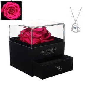 FUCHSIA Preserved Real Rose With Sterling Silver Necklace for Valentine's Day